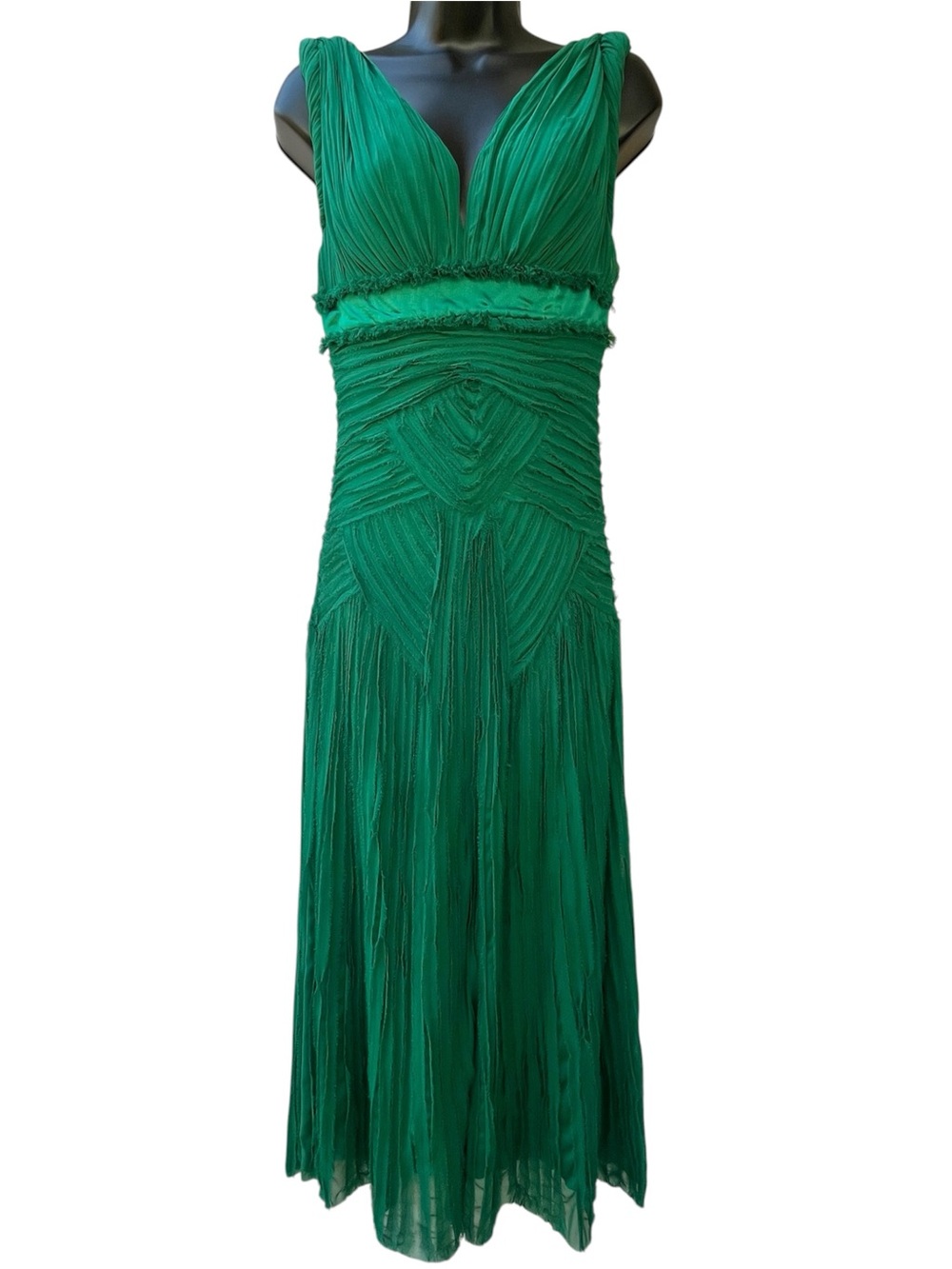 Nina Austin 100% Silk Vintage Maxi Dress Gown Ruched Bodice V-Neckline Emerald S